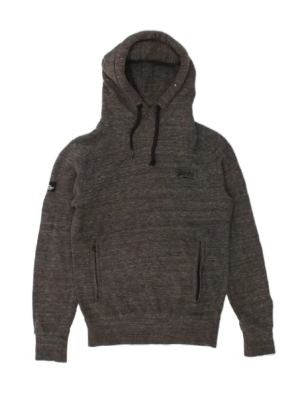 SUPERDRY Mens Hoodie Jumper Small Grey Cotton Hoodie with Ribbed Neckline Snug Warm