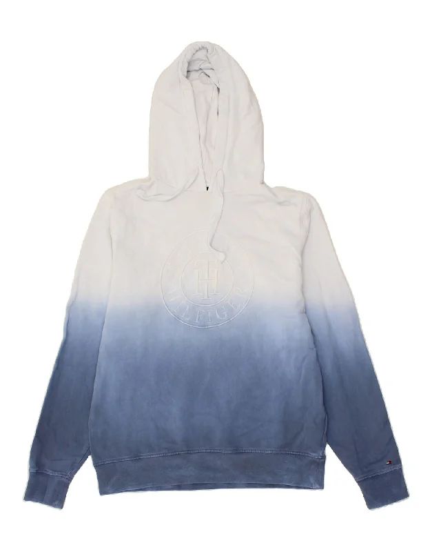 TOMMY HILFIGER Mens Graphic Hoodie Jumper Large Blue Colourblock Cotton Hoodie with Frayed Bohemian Relaxed