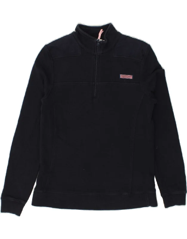 VINEYARD VINES Womens Zip Neck Sweatshirt Jumper UK 12 Medium Navy Blue Hoodie with Hem Applique Textured Unique VINEYARD VINES Womens Zip Neck Sweatshirt Jumper UK 12 Medium Navy Blue Hoodie with Hem Applique Textured Unique