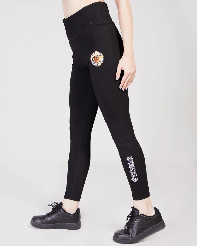 NFL CINCINNATI BENGALS ANIMAL PRINT SOLID HW JERSEY LEGGING (BLACK) Fashionable High-Rise Workout Leggings