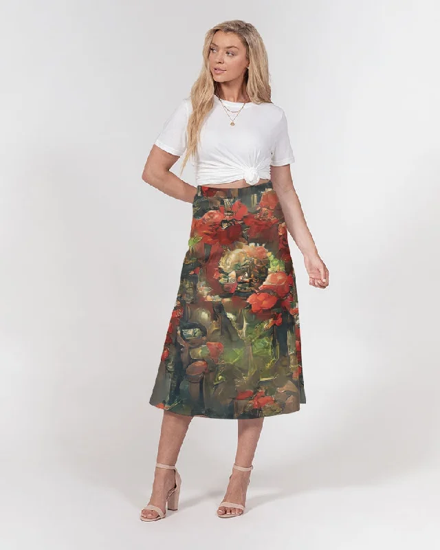 Abstract Rose design Women's A-Line Midi Skirt leather skirt bold