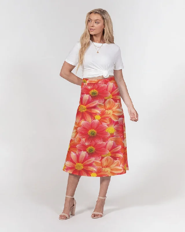 Beautiful blood orange flower design Women's All-Over Print A-Line Midi Skirt linen skirt relaxed