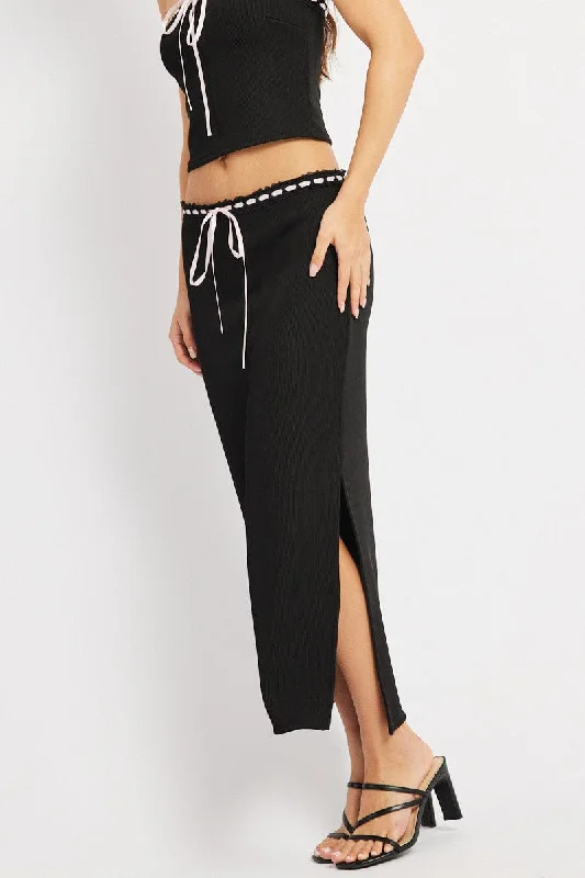 Black Midi Skirt High Rise Lace Detail Rib Jersey floral skirt print