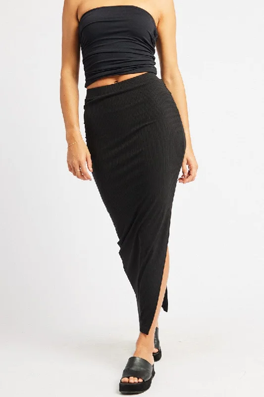 Black Midi Skirt High Rise Rib Jersey breathable skirt fabric