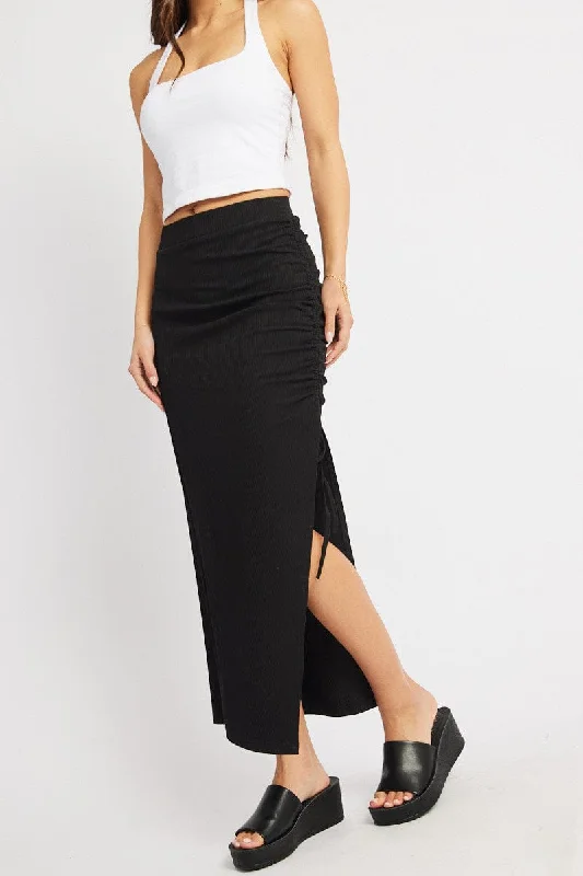 Black Midi Skirt High Rise Side Ruched Elastic Waistband lace skirt delicate