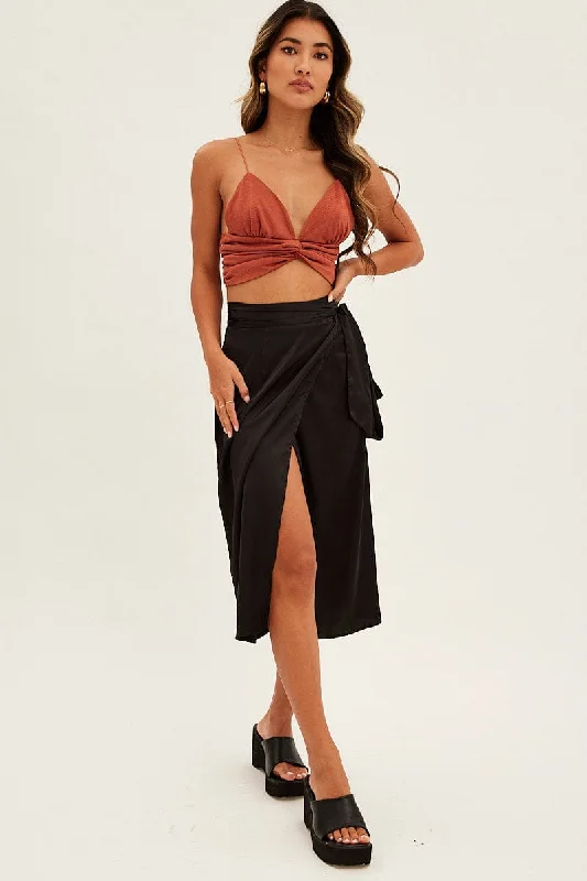 Black Tie Front Satin Midi Skirt belted skirt waist