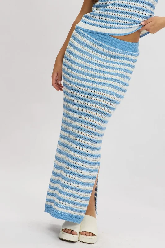 Blue Stripe Crochet Knit Skirt Elastic Waist Midi Lined cotton skirt soft
