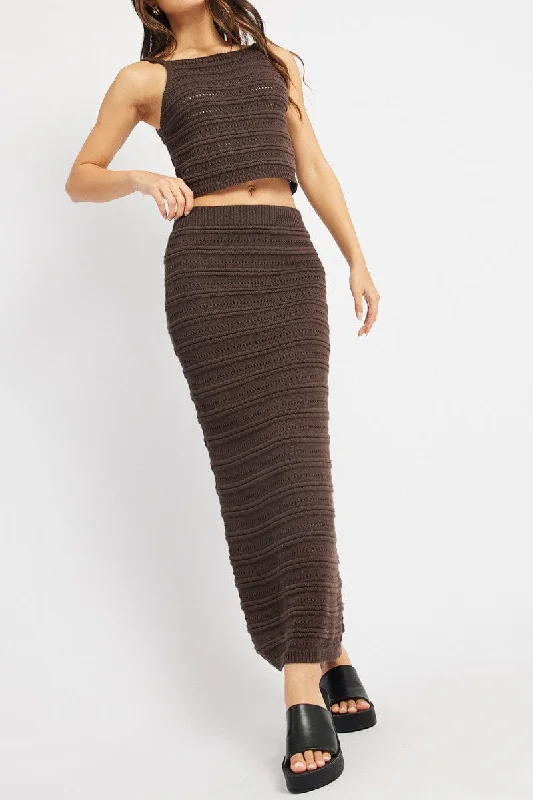 Brown Crochet Skirt High Rise Elastic Waistband Midi cashmere skirt fine
