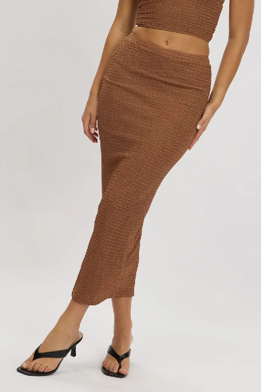 Brown Midi Skirt High Rise Textured Jersey ribbed skirt waist