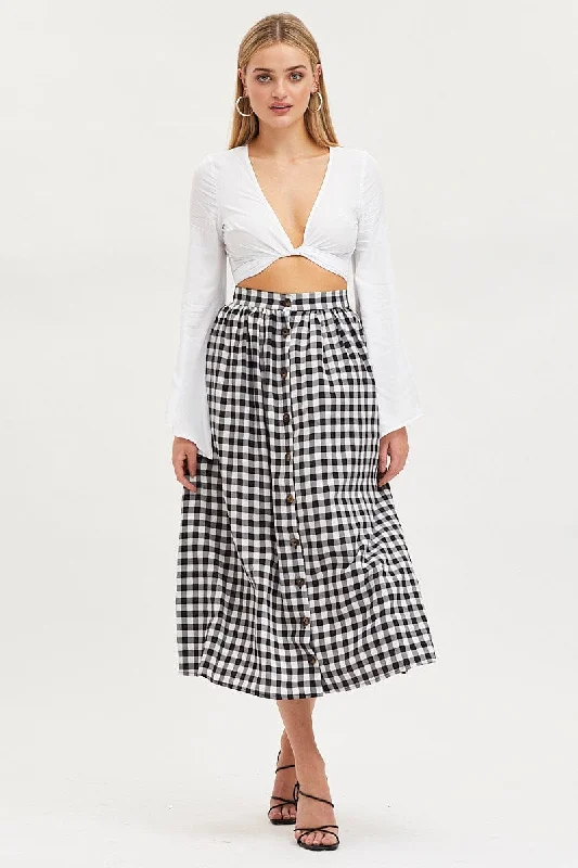 Check Midi Skirt High Rise Button Down patchwork skirt art