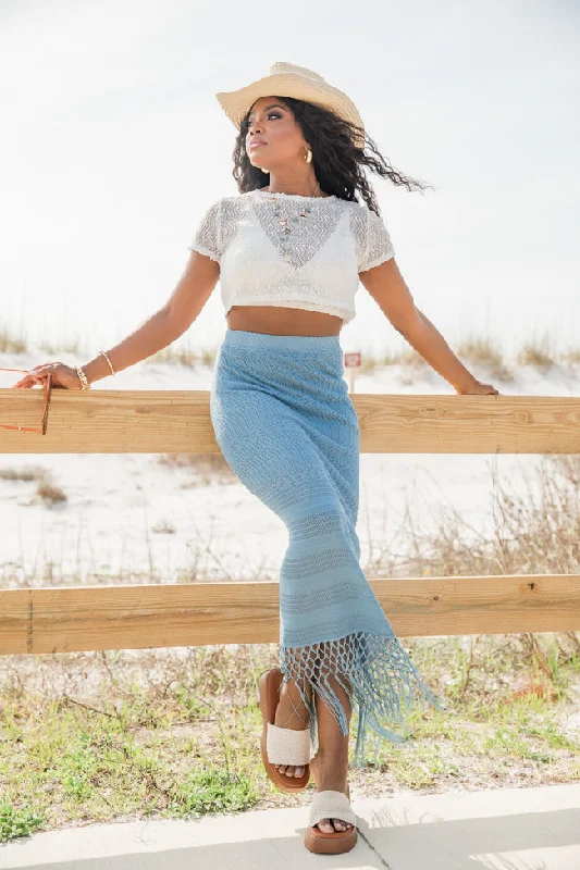 Clover Fields Blue Fringe Hem Knit Maxi Skirt wool skirt warm