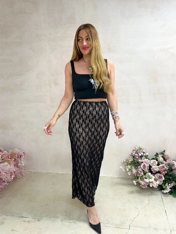 Stretch Lace Midi Skirt In Black lace skirt elegant