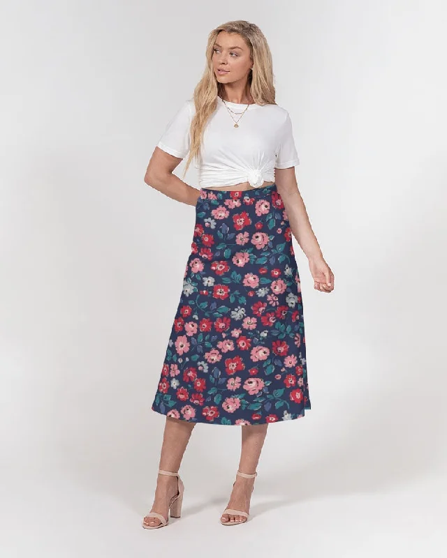 Midnight blue pretty glance.  Women's All-Over Print A-Line Midi Skirt leather skirt durable