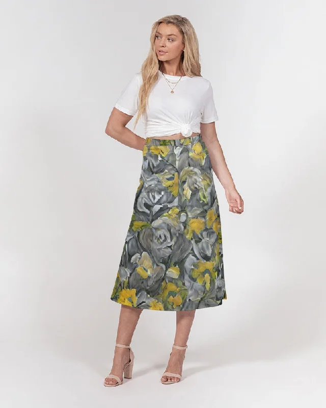Orange and yellow and grey abstract design of Roses Women's A-Line Midi Skirt lace skirt intricate
