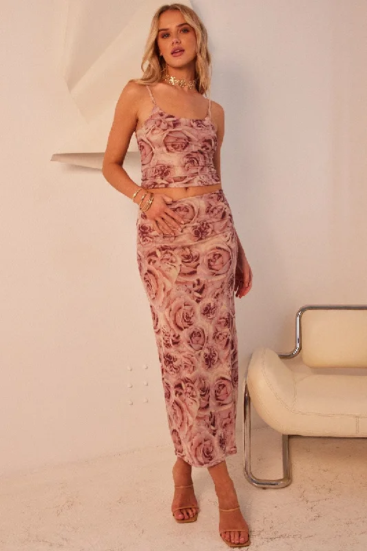Pink Floral Midi Skirt High Rise Mesh leather skirt sleek