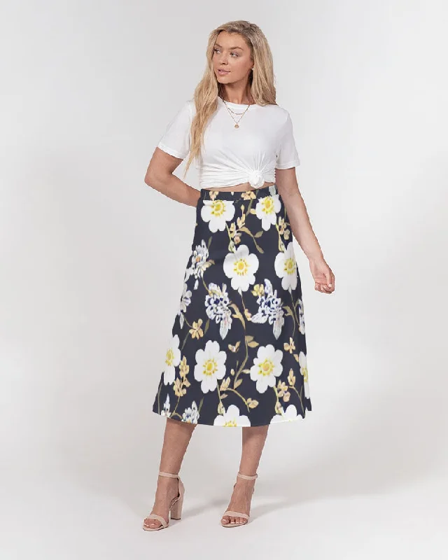Pink flower black background Women's All-Over Print A-Line Midi Skirt wool skirt sturdy