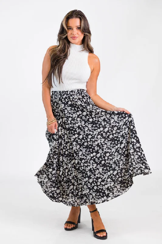 Pleats and Thank You Black Floral Maxi Skirt flowy skirt hem
