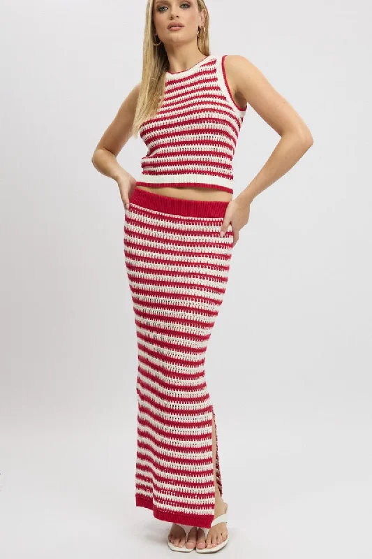 Red Stripe Crochet Knit Skirt Elastic Waist Midi Lined maxi skirt elegant