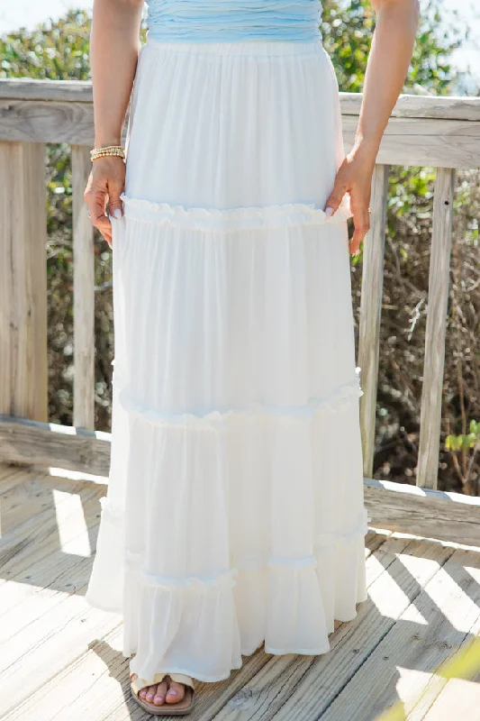 Stick It Out Ivory Ruffle Seam Maxi Skirt pleated skirt texture