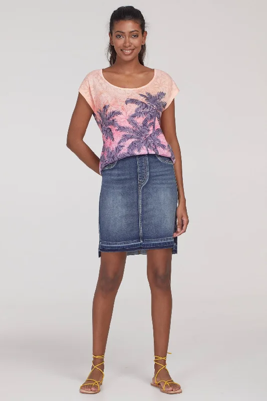 Tribal Pull-On Denim Skirt w/ Fraying Stepped Hemline 6393O-333-2199 Med. Wash cashmere skirt soft
