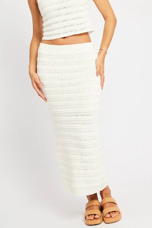 White Crochet Skirt High Rise Elastic Waistband Midi slim fit skirt