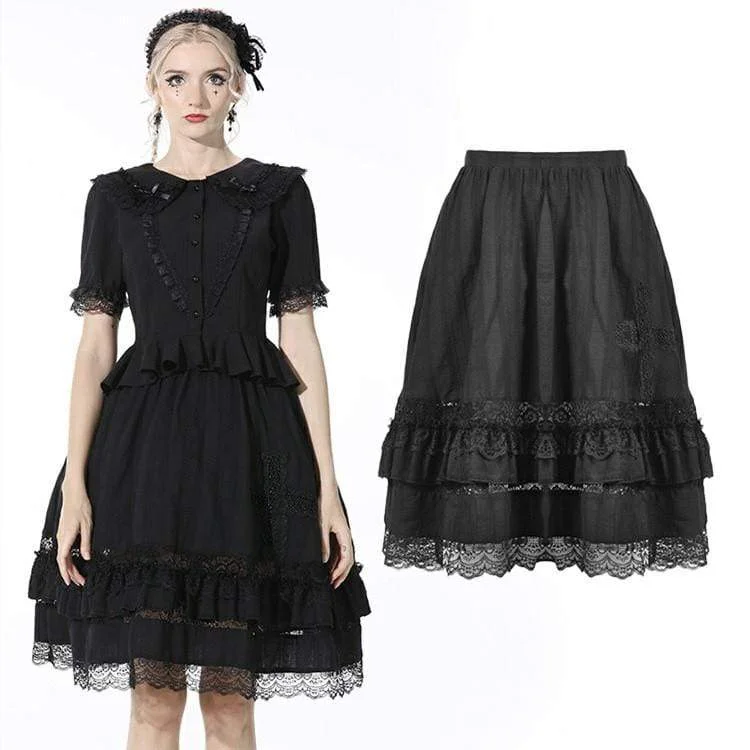 Women's Gothic Layered Lace Hem Black Skirt corduroy skirt comfortable
