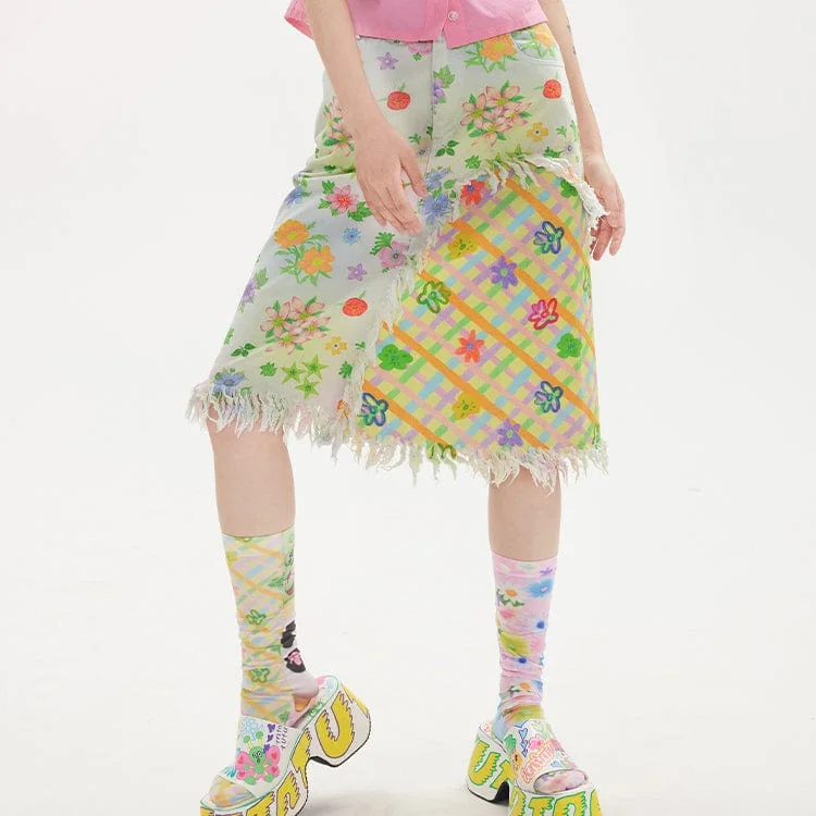 Women's Pink Kawaii Floral Printed Splice Plaid Unedged Skirt high slit skirt