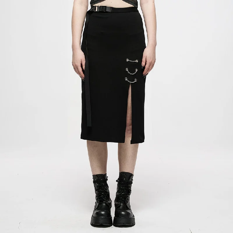 Women's Punk Side Slit Pencil Skirt with Strap corduroy skirt textured