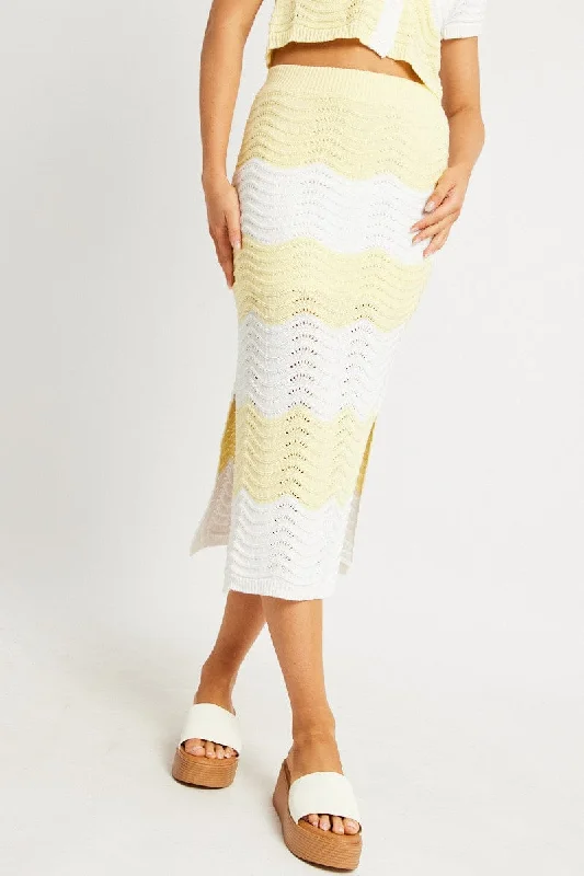 Yellow Stripe Crochet Skirt High Rise Elastic Waist Midi Lined wool skirt sturdy