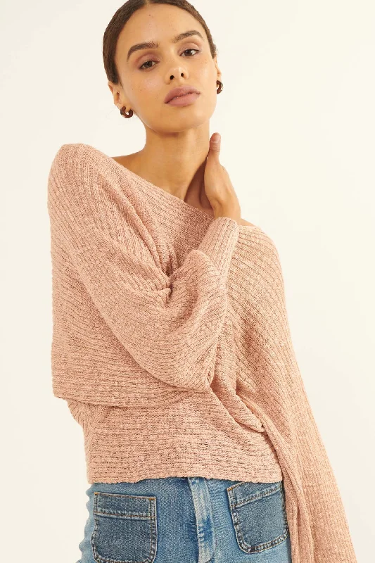 Easy Grace Textured Rib-Knit Boat Neck Sweater Spandex Blend Rayon Blend Denim Blend