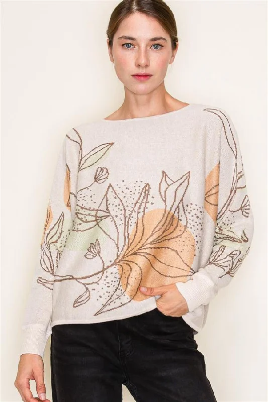 Foliage Is Power Flower Print Pullover Sweater Mesh Sweater Canvas Denim