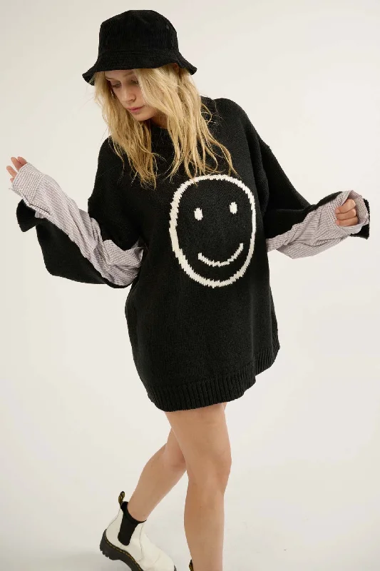 Get Happy Smiley Face Mixed Media Sweater Chenille Blend Fleece Blend Nylon Blend