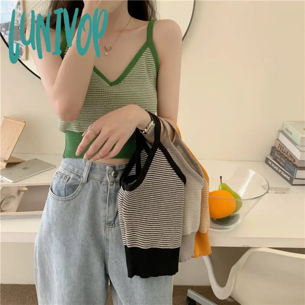 Lunivop V-neck Knitted Sleeveless Top Thin Vest Knit Sweater Women Sexy Slim Camisole Female Women Clothing Summer New Striped Floral Plaid