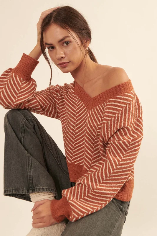 New Direction Herringbone Stripe V-Neck Sweater Neon Metallic Matte