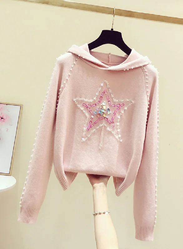 Pink long sleeve sweater round neck hooded sweater  242 Cashmere Blend Cotton Blend Poly Blend