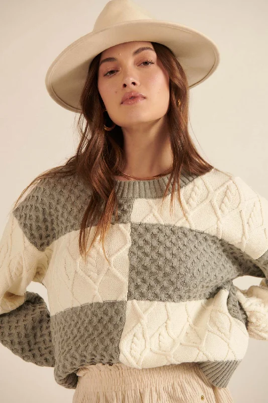 Queen's Gambit Cable Knit Checkerboard Sweater Elasticated Padded Insulated