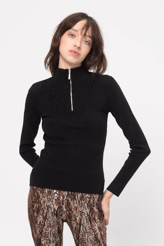 Ribbed Zip Up Turtleneck Sweater, Black Glossy Satin Silk