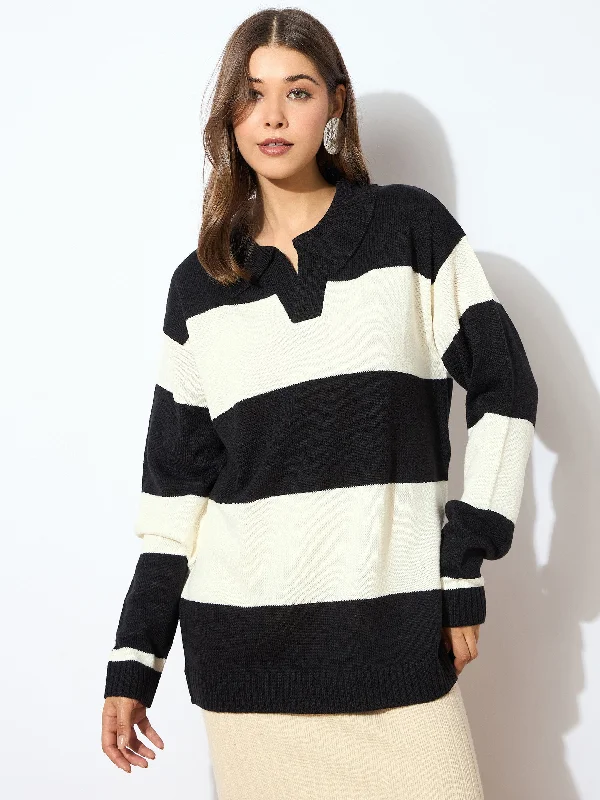 Women Black And White Polo Neck Sweater Chenille Blend Fleece Blend Nylon Blend