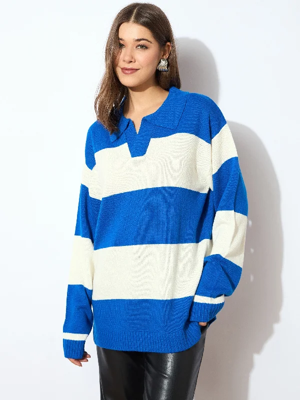 Women Blue And White Polo Neck Sweater Lightweight Heavyweight Midweight