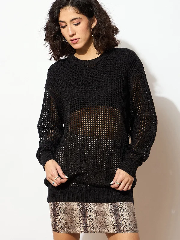 Women Black Oversized Crochet Sweater Front Pockets Side Pockets Patch Pockets
