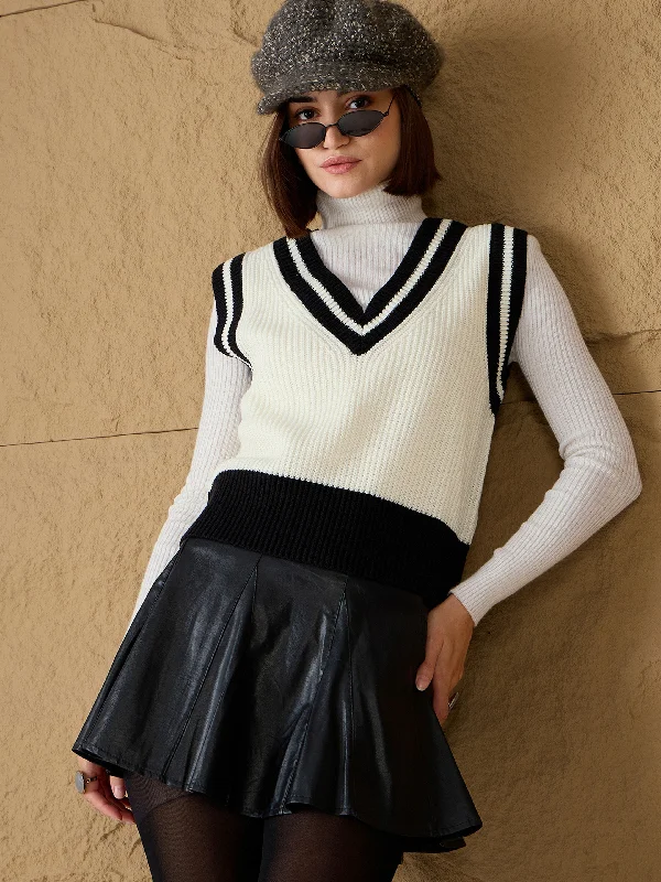 Women Black & White Striped V-Neck Sweater Vest Embroidered Appliqued Beaded