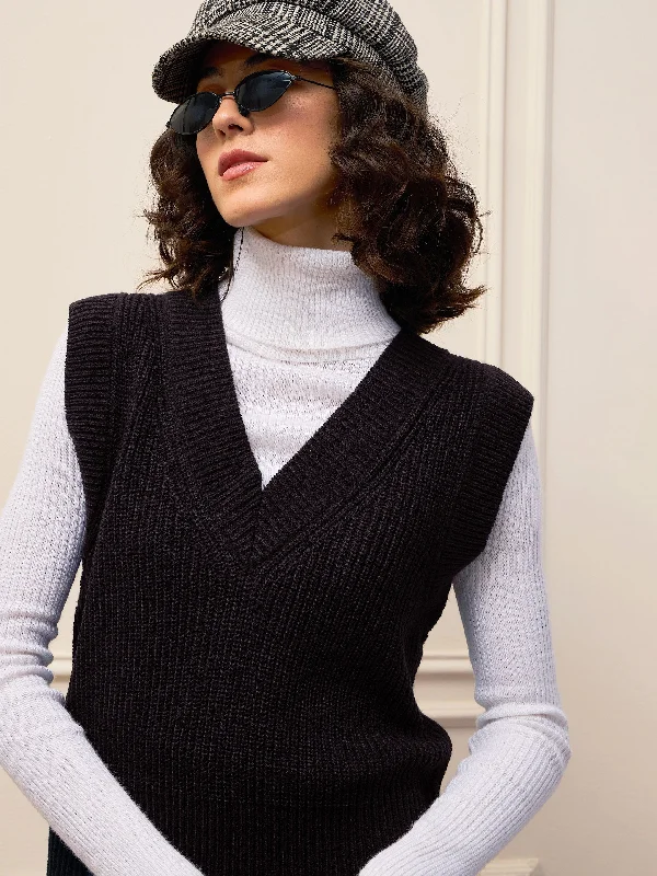 Women Black Solid V-Neck Sweater Vest Silk Blend Satin Velvet
