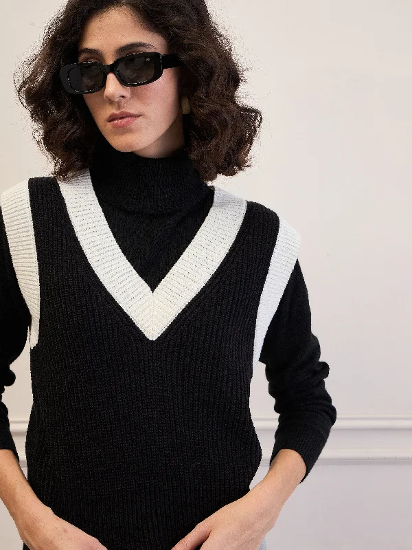Women Black & White Solid V-Neck Sweater Vest Glossy Satin Silk