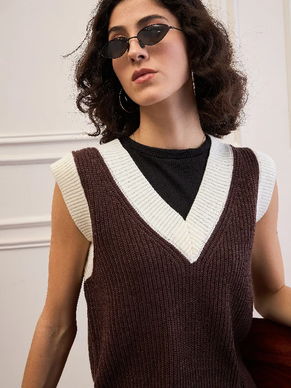 Women Brown & White Solid V-Neck Sweater Vest Bright Pastel Dark
