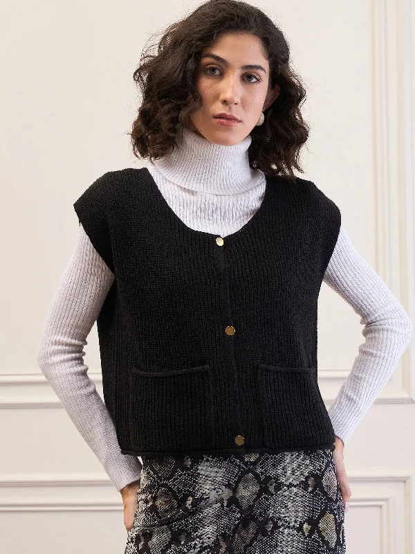 Women Black Front Button Extended Sleeves Pocket Sweater Lace Blend Ribbed Blend Corduroy Blend