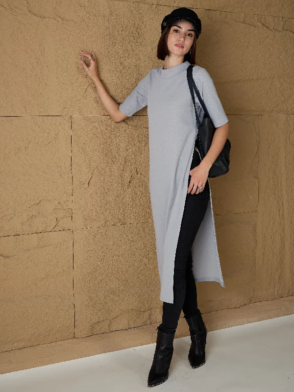 Women Grey High-Neck High Slit Sweater Thin Thick Dense