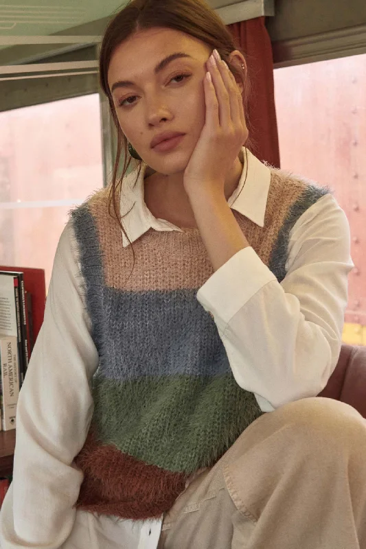 Soft Power Furry Knit Colorblock Sweater Vest Striped Floral Plaid