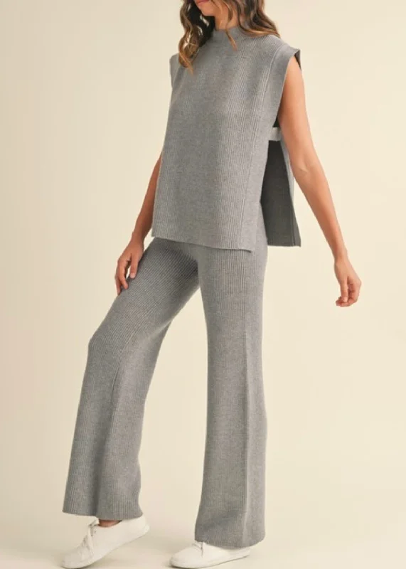 Solinah Open Sweater and Pant Set Satin Blend Silk Blend Wool Blend