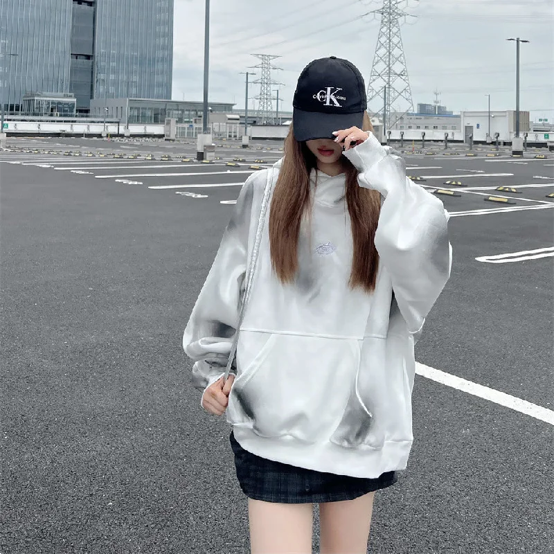 Splash-Ink Spray Paint Loose Hooded Pullover Sweater - Street Fashion for Youth in Pink, White, & Black Satin Fabric Silk Fabric Chiffon Fabric