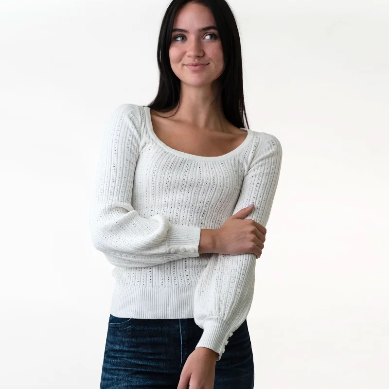 Scoop Neck Pointelle Sweater Mesh Fabric Canvas Fabric Denim Fabric